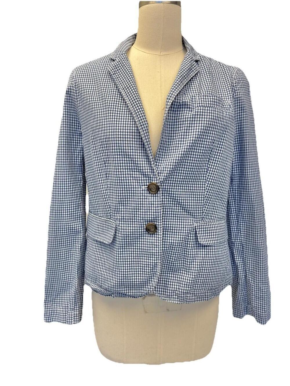 J CREW 100% Cotton Blazer Cardigan No Lining Blue Gingham Checks Sz 6 Or S